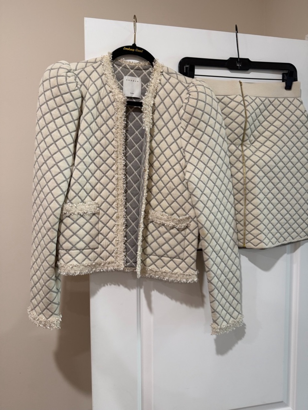 Sandro Cream Quilted Tweed Blazer with Fringe Trim